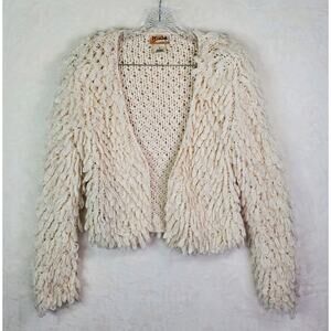 Mudd Cream Shaggy Cropped Cardigan Sweater Jacket Women Size Small Boho Knit